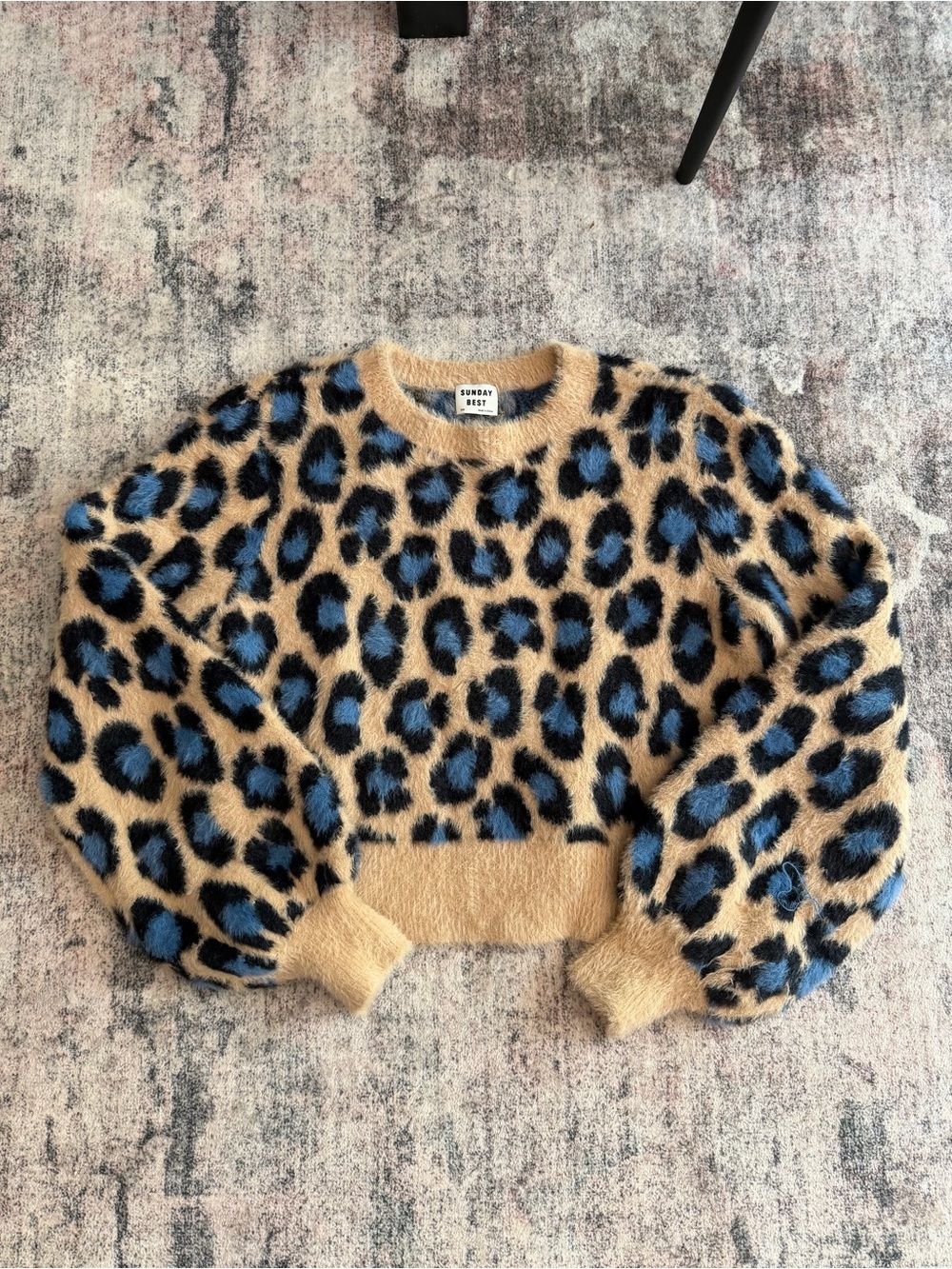 Sunday Best Tan Fuzzy Leopard Crew Sweater with Blue Spots